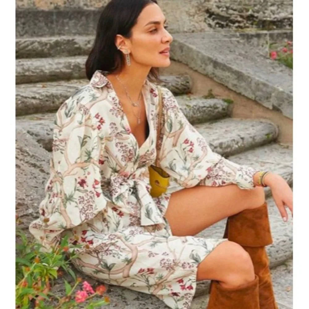 JOHANNA ORTIZ H&M COLLABORATION FLORAL LINEN SHIRT DRESS SIZE LARGE - Picture 1 of 10